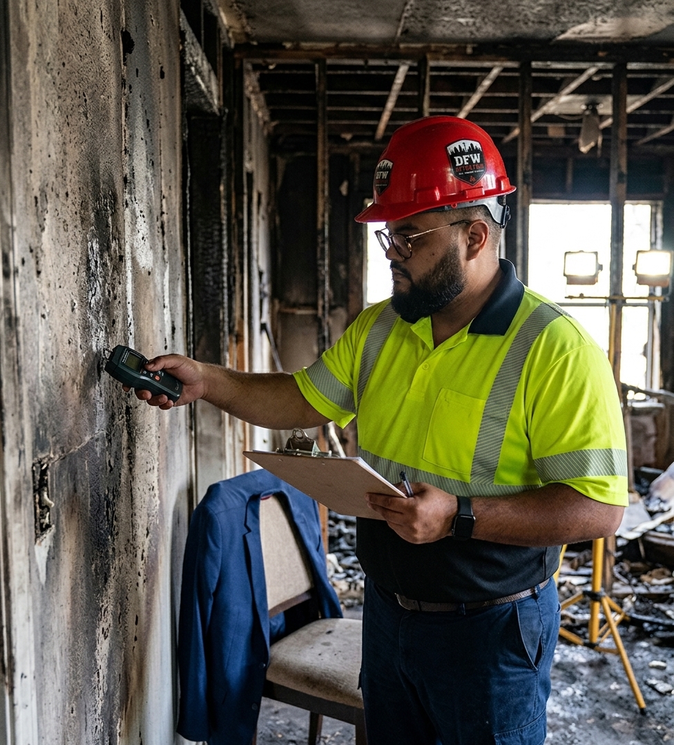 Dan Varghese assessing fire damage on site