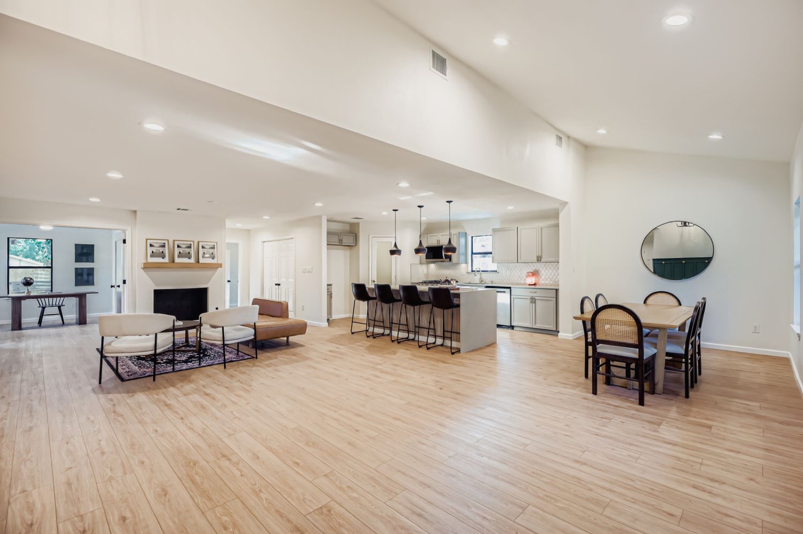 Fully restored living room in a Denton, TX fire-damaged home